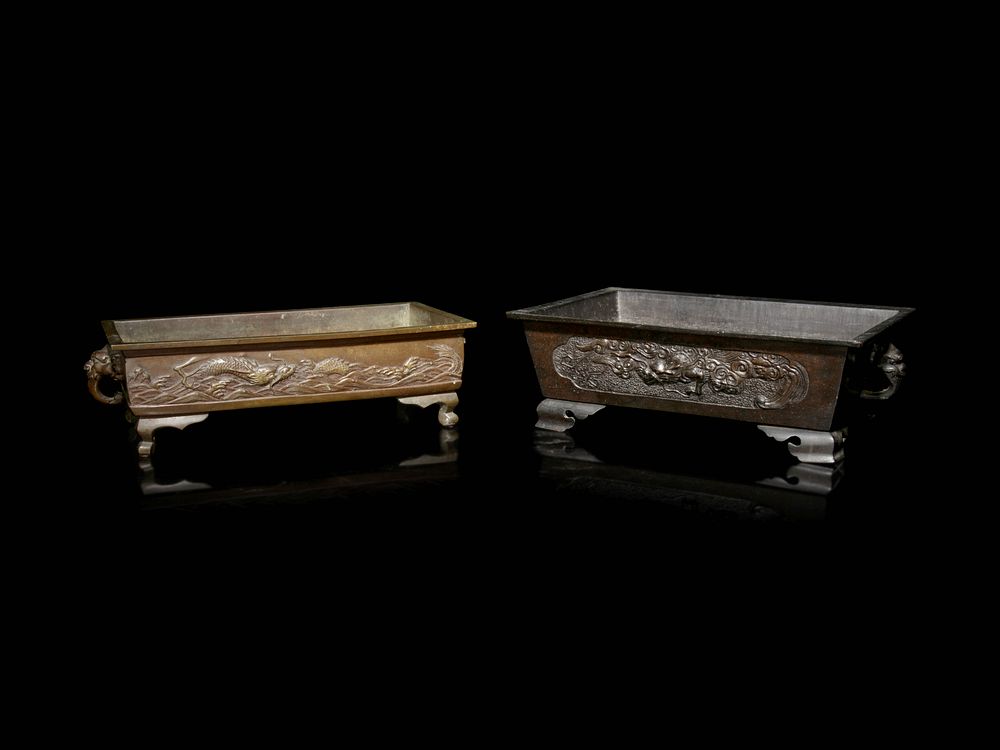 Appraisal: Two Bronze Rectangular Planters Two Bronze Rectangular Planters each raised