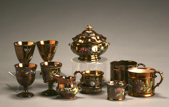 Appraisal: Group of Ten English Polychrome Decorated Copper Lustre Table Articles