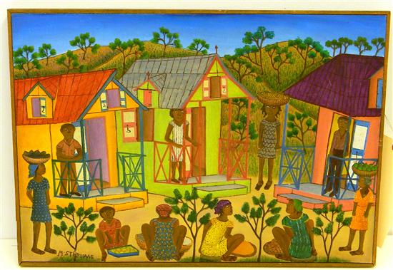 Appraisal: Micius Stephane acrylic on masonite Village yellow green and orange