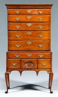 Appraisal: Tiger maple New England high chest Queen Anne with figured