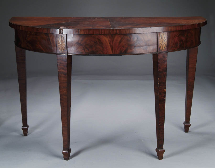 Appraisal: INLAID MAHOGANY FEDERAL CONSOLE TABLE Demilune top having crotch mahogany