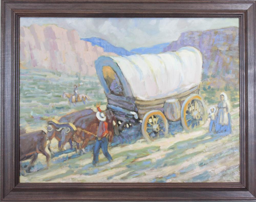 Appraisal: PIONEER FAMILY WITH COVERED WAGON OIL ON CANVAS unsigned Image