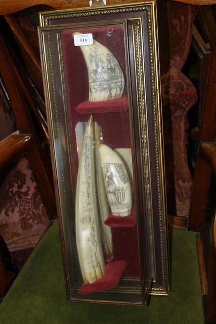 Appraisal: A CASED GROUP OF THREE REPRODUCTION SCRIMSHAWS