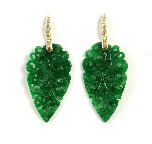 Appraisal: PAIR OF JADE AND DIAMOND EARRINGS each k yellow gold