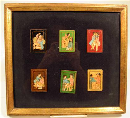 Appraisal: Group of six Indian erotic papier mache cardsFramed and glazed