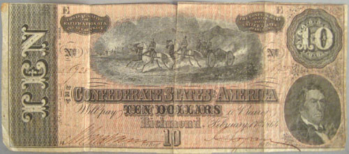 Appraisal: Ten dollar Confederate Richmond note inscribed verso Part of the