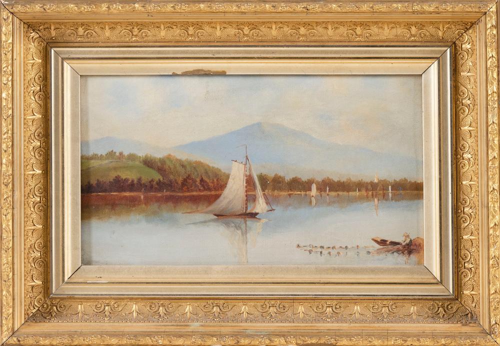 Appraisal: EUROPEAN SCHOOL TH CENTURY BOATS ON A MOUNTAIN LAKE OIL