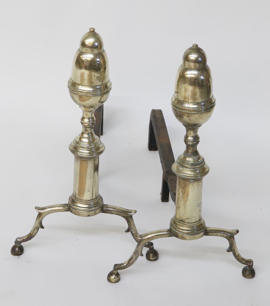 Appraisal: Pair of New England Acorn Top Brass Andirons Exclusive on