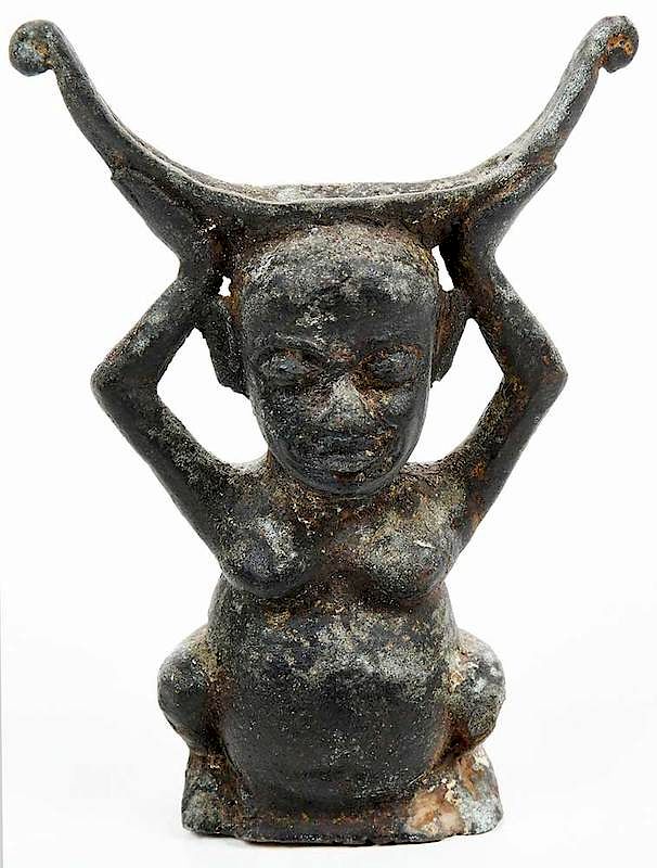 Appraisal: African Figural Neck Rest th th century metal fertility figure