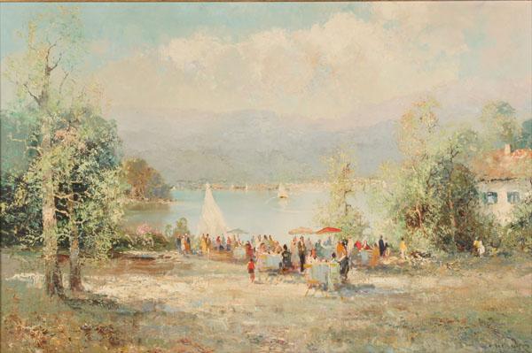 Appraisal: Willi Bauer German b European lakeside scene with sailboats out