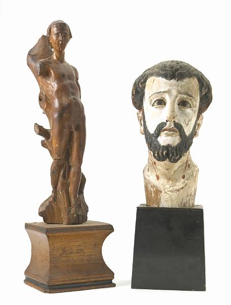 Appraisal: A Spanish Colonial carved and painted wood bust of a