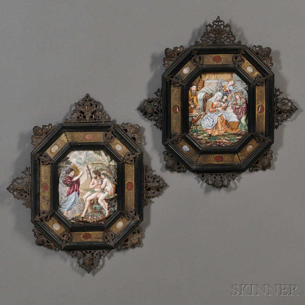 Appraisal: Pair of Framed Capo-di-Monte-style Porcelain Plaques Italy th century polychrome