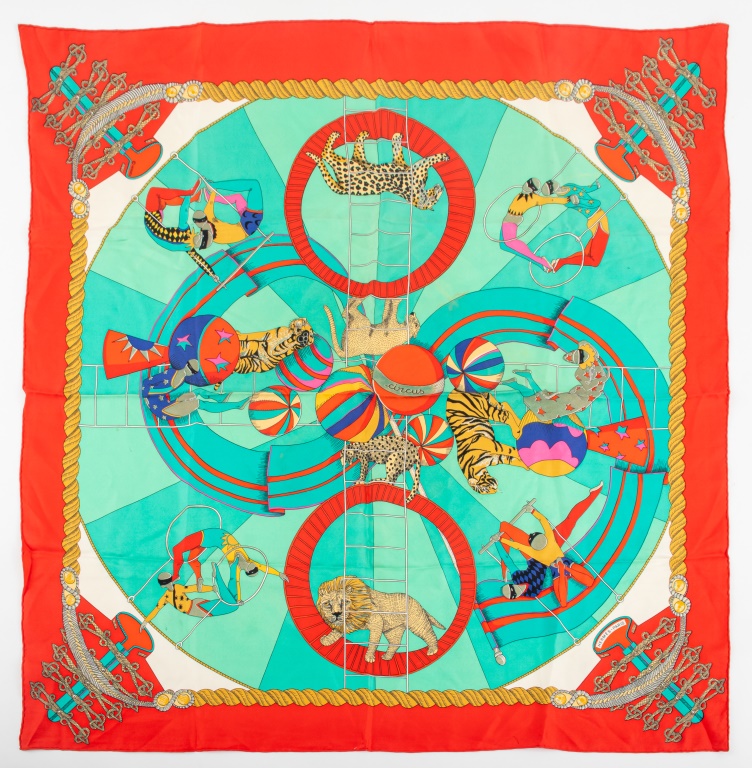 Appraisal: ANNIE FAIVRE FOR HERMES CIRCUS SILK TWILL SCARF Vintage Annie