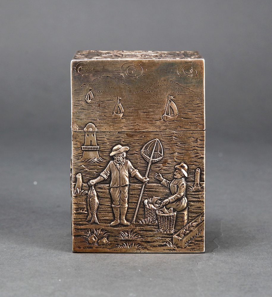 Appraisal: German Continental Silver Box with Fishermen German Continental silver box