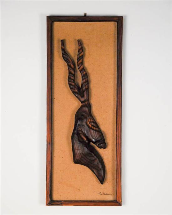 Appraisal: Carved Wood on Cloth Antelope Head signed The Woodcarver framed