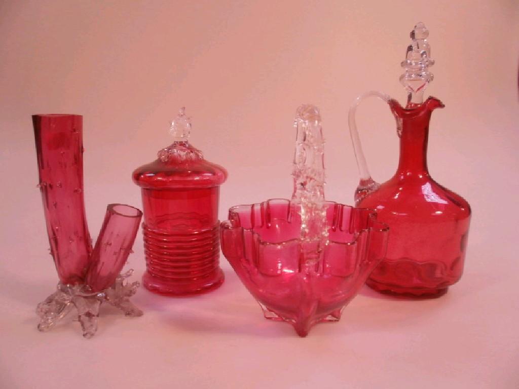 Appraisal: Cranberry glass basket specimen vases jar with cover and Cranberry