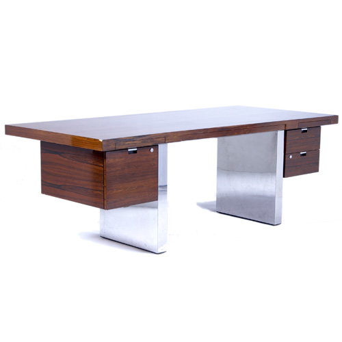 Appraisal: DUNBAR Rosewood veneer and polished chrome six-drawer double pedestal desk