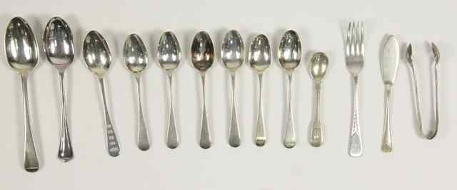 Appraisal: Various silver teaspoons a butter knife a dessert spoon and