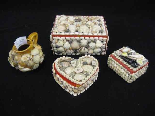 Appraisal: Shell Decorated Items a trio of boxes and a creamer