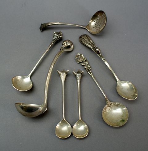 Appraisal: Seven various salts spoons sugar spoon and sifters with cast