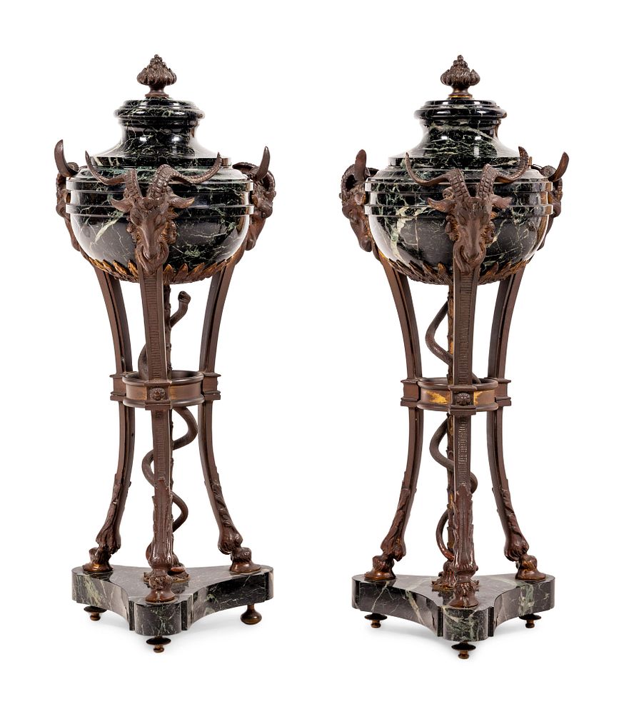 Appraisal: A Pair of Large Gilt Bronze and Marble Cassolettes A