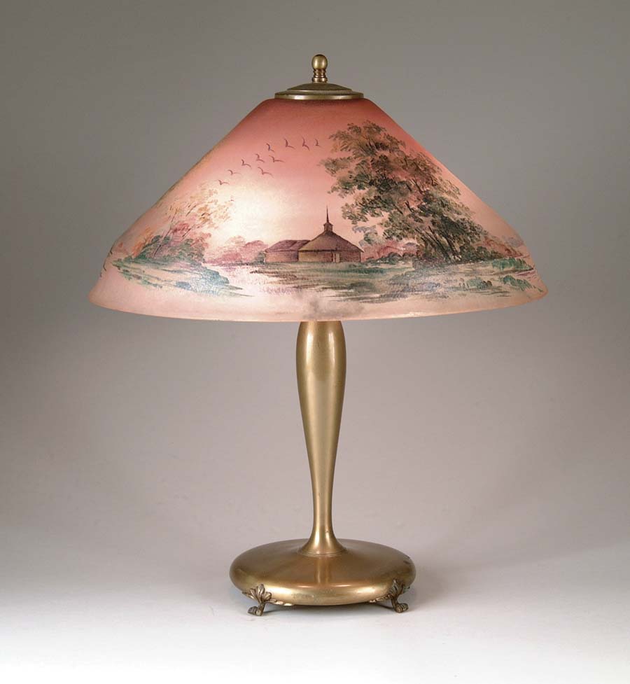 Appraisal: PAIRPOINT FARM SCENE LAMP Wonderful Pairpoint Carlisle shade is obverse