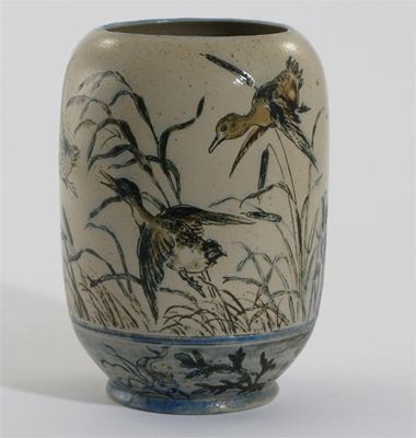 Appraisal: A Martin Brothers stoneware vase painted with ducks flying above