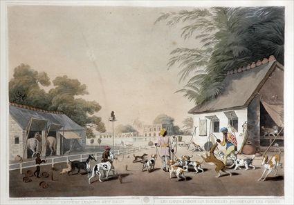 Appraisal: DOOREAHS OR DOG KEEPERS LEADING OUT DOGS Hand-colored engraving x