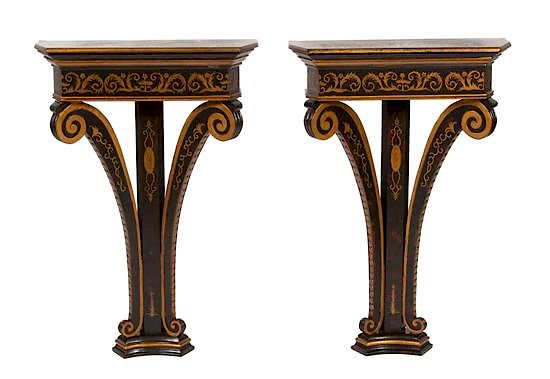 Appraisal: A Pair of Regency Style Black and Gilt Decorated Demilune