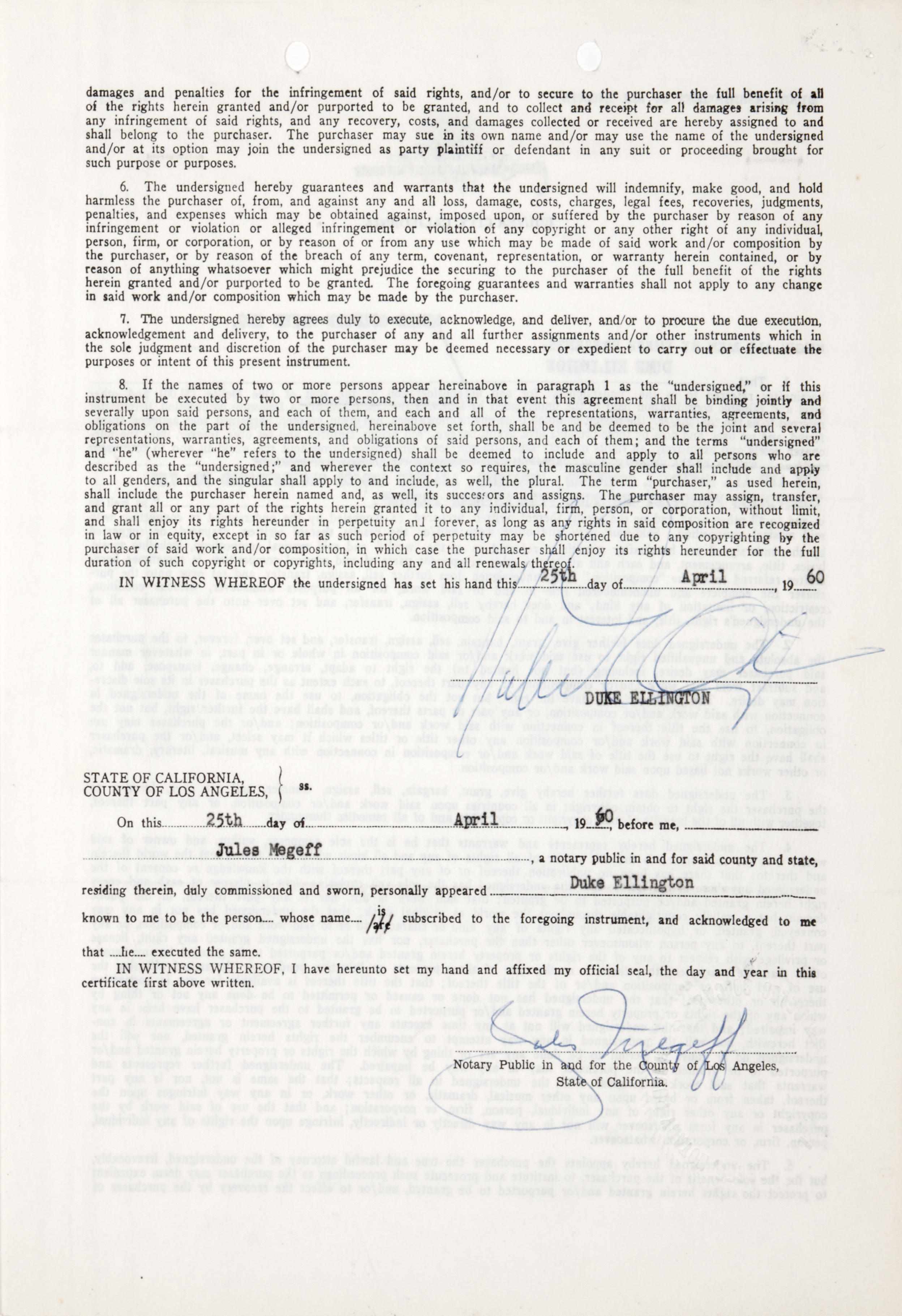 Appraisal: ELLINGTON EDWARD KENNEDY ''DUKE '' - Document Signed ''Duke Ellington''