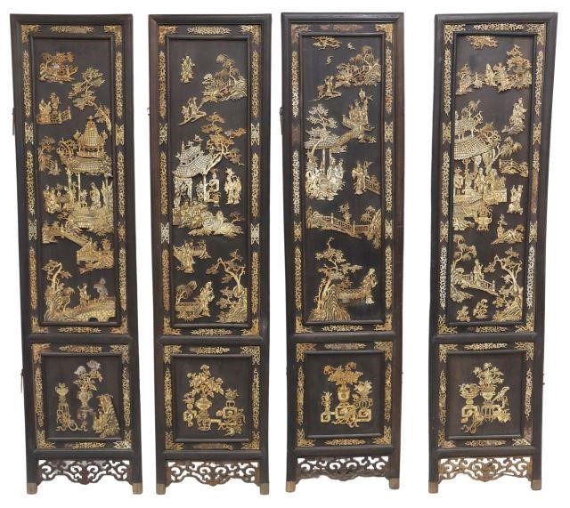 Appraisal: Chinese hardwood four panel folding screen applied bone carvings featuring