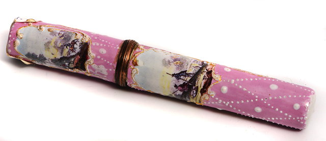 Appraisal: A GEORGE III PINK GROUND ENAMEL DECORATED CYLINDRICAL NEEDLE CASE