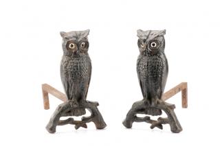 Appraisal: Pair of Owl on Branch Form Andirons w Glass Eyes