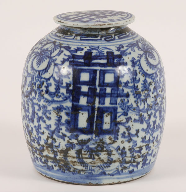 Appraisal: Chinese glazed ceramic jar profuse cobalt floral and geometric decoration