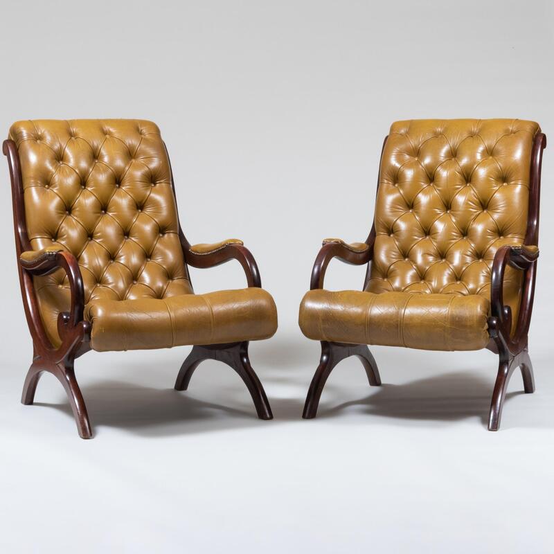 Appraisal: Pair of Regency Style Mahogany and Tufted Leather Armchairs x