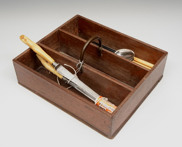 Appraisal: A TH CENTURY MAHOGANY THREE TIER CUTLERY BOX with brass