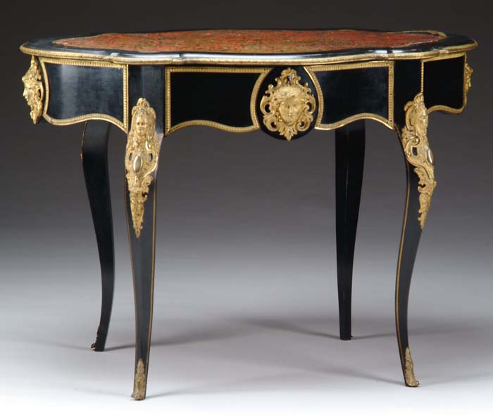 Appraisal: FINE EBONY ORMOLU AND BOULLE WORK CENTER TABLE Turtle top