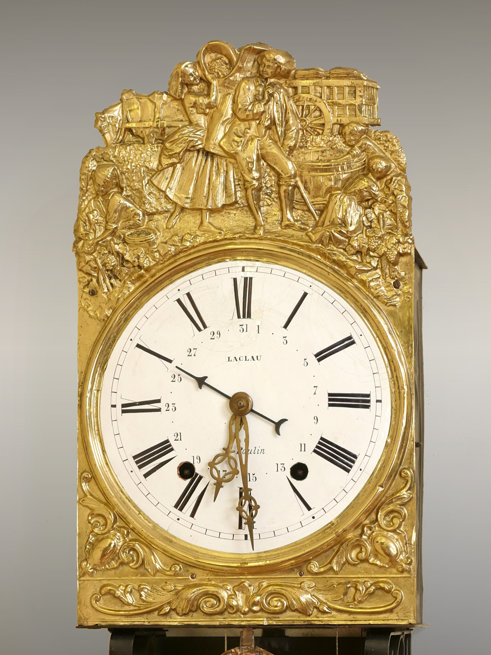 Appraisal: ORNATE FRENCH EMBOSSED BRASS WAG ON THE WALL CLOCK Laclau