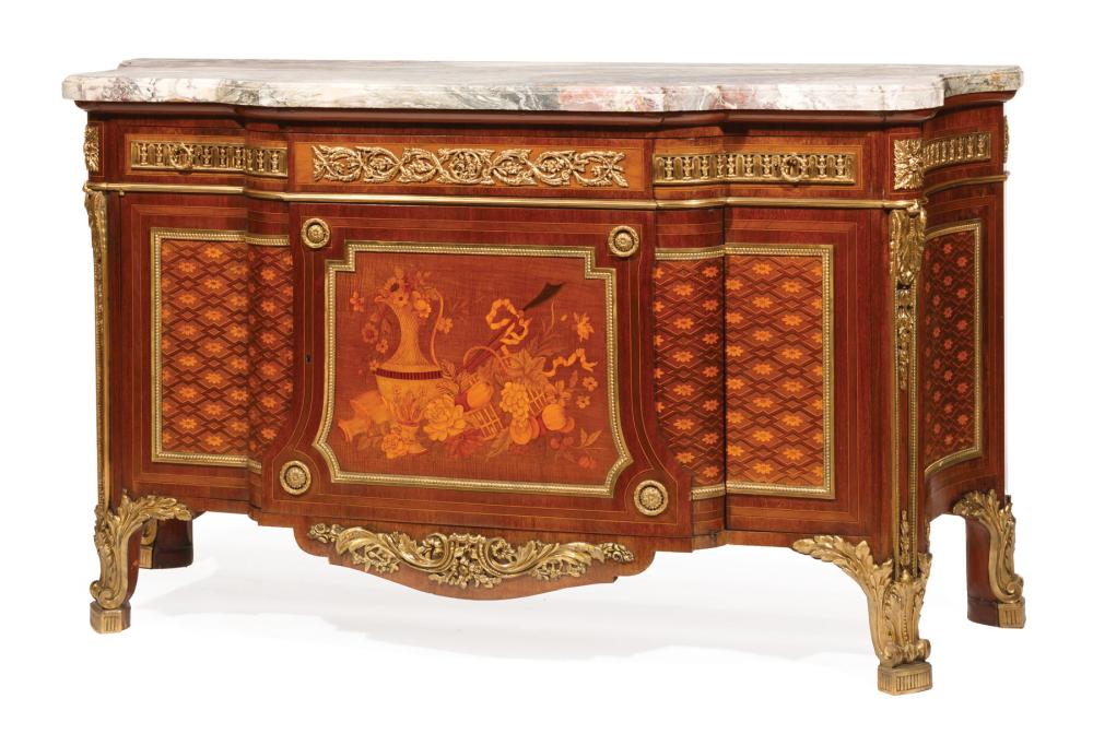 Appraisal: Louis XVI-Style Ormolu-Mounted Parquetry and Marquetry Commode shaped molded marble