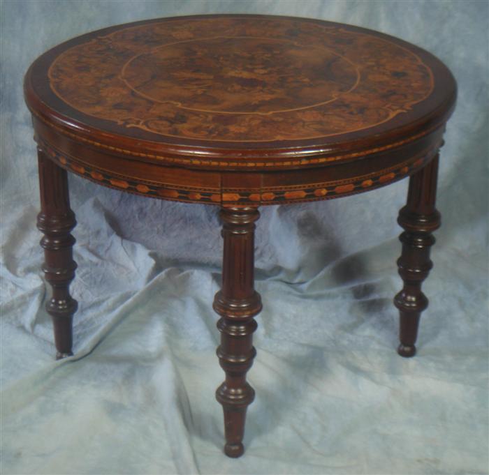 Appraisal: Round inlaid continental side table dia h Estimate -