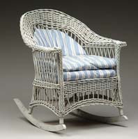 Appraisal: WHITE WICKER FLAT ARM ROCKER Fit with three cushions with