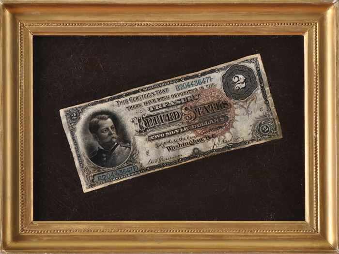 Appraisal: VICTOR DUBREUIL TWO DOLLAR BILL Oil on canvas x in