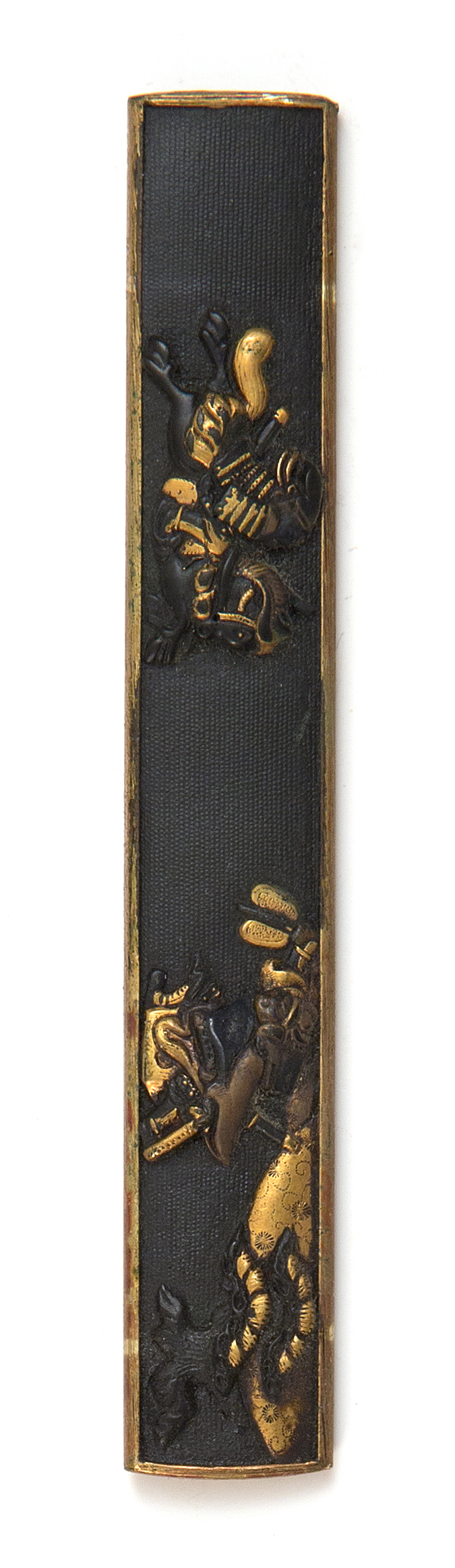 Appraisal: SHAKUDO AND GILT-METAL KOZUKA th CenturyDepicting two warriors on a