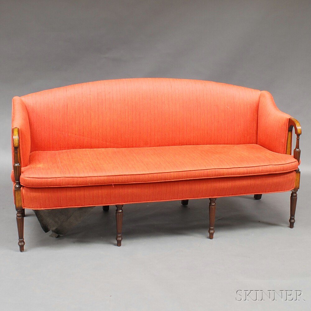 Appraisal: Federal-style Inlaid Mahogany Upholstered Sofa the arched cresting joining reeded