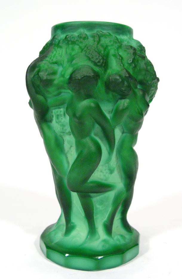 Appraisal: Green opalescent Desna glass vase moulded with nude maidens supporting