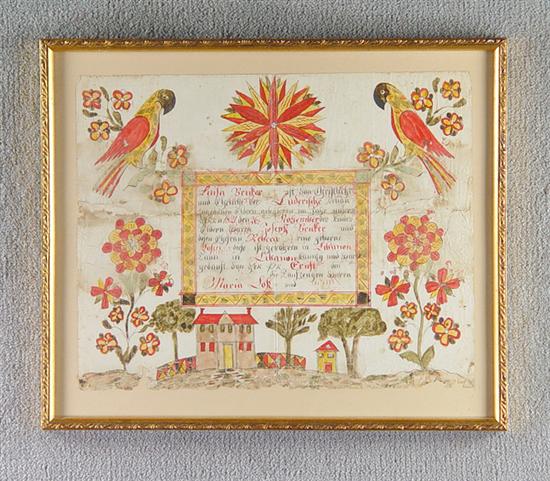 Appraisal: Pennsylvania Watercolor Fraktur With parrots flowers and house German inscription