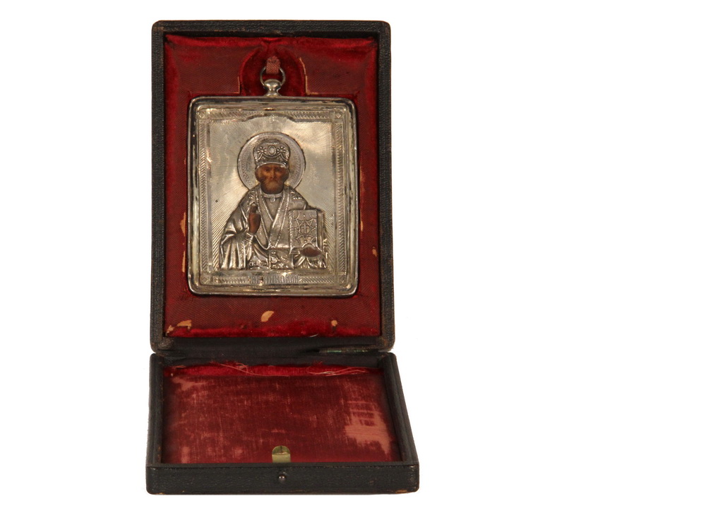 Appraisal: CASED MINIATURE RUSSIAN ICON - Traveler's Icon of a Saint