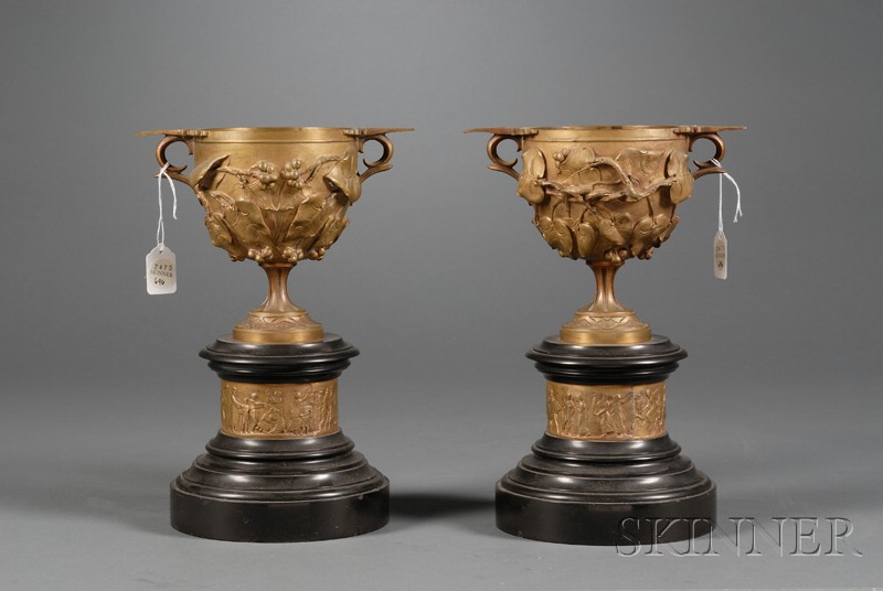 Appraisal: Pair of Gilt Bronze Urns France th century double-handled bowl