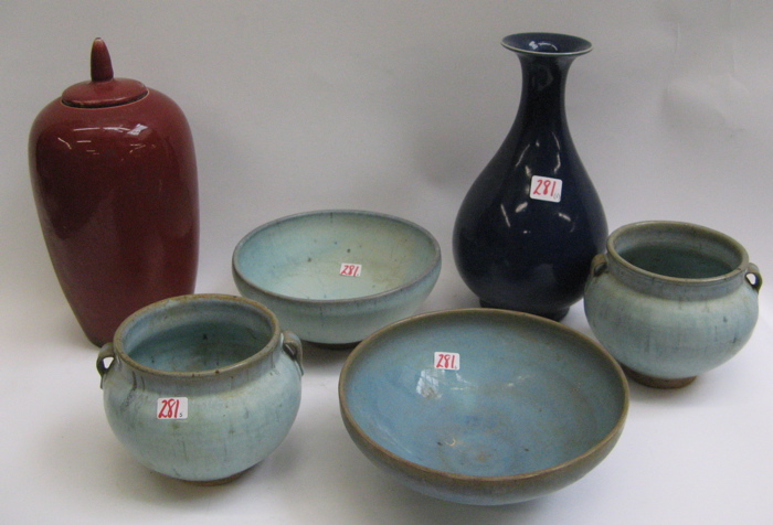 Appraisal: SIX PIECES OF CHINESE POTTERY pale blue bowls - and