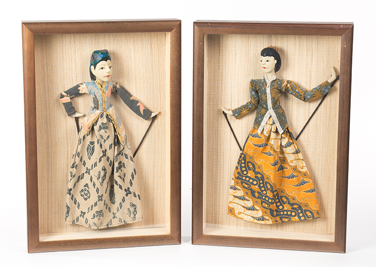 Appraisal: TWO ASIAN SHADOW PUPPETS IN SHADOW BOX FRAMES Second half-